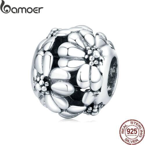 Bamoer Real 925 Sterling Silver Metal Flower Round Beads for Women Jewelry Making Charm fit Original Silver Bracelet SCC1487