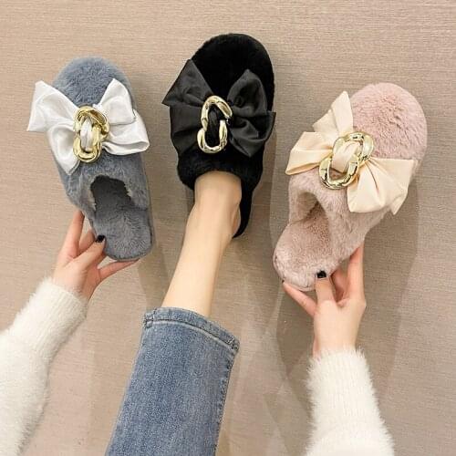 Winter New Chain Bow Decor Indoor Ladies Fur Slippers Warm Comfy Butterfly-knot Girls Fluffy Slippers Bedroom Women Plush Shoes