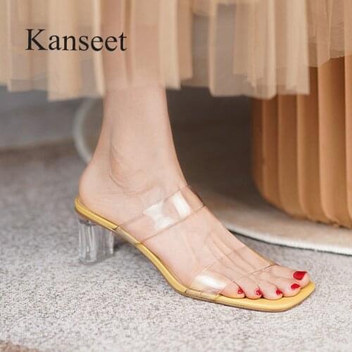 Kanseet Transparent Thick High Heels Slippers Square Toe Women Slipper Slides Shoes 2021 Summer Ladies Footwear Blue Big Size 43