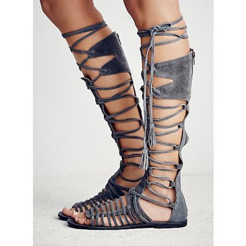 Ladies Gladiator Suede Leather Knee High Bandage Boots Peep Toe Summer Cut out Flat Fringed Lace Up Fretwork Sandals Boots
