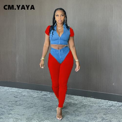 CM.YAYA Fake Denim Patchwork Womens Set Short Sleeve Track Jacket and Pants Matching Two 2 Piece Outfits Fashion Tracksuit