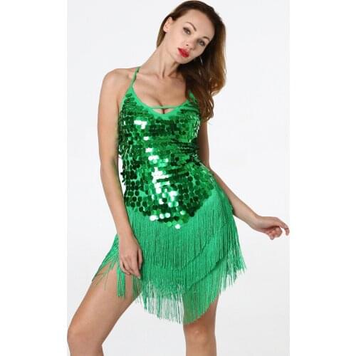 Women Summer Spaghetti Strap Bling Sequin Tassels Latin Dance Dress Vintage Lady Sexy Elastic Slim Pullover Strapless Mini Dress
