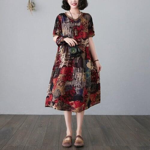 Print Floral Vintage Dress 2021 New Arrival Short Sleeve Summer Dress Patchwork Cotton Linen Women Holiday Travel Casual Dress