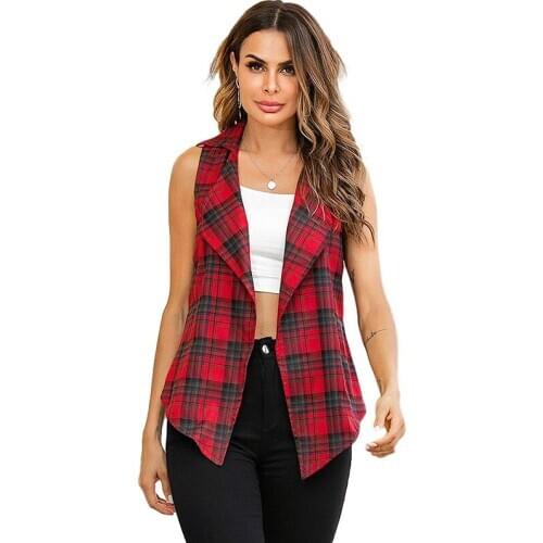 2021 Fashion Spring Autumn Red Retro Plaid Vest Womens Thin Outer Wear Casual Sleeveless Cardigan Vest Jacket