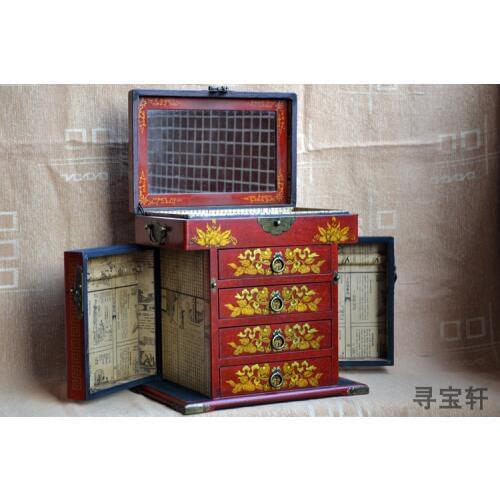 32CM Large # 2020 Christmas Unique gift BEST present retro antique vintage Red wood woman Jewel Jewelry Box cosmetic mirror box