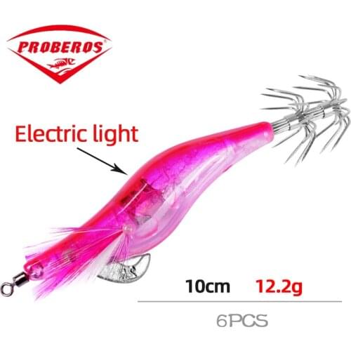 6Pcs 12.5g Battery light Squid bait Wooden Shrimp jig hook Fishing Octopus Lures Cuttlefish Artificial luminous jigging lure