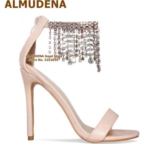 ALMUDENA Bling Bling Crystal Fringle High Heel Sandals Ankle Drape Tassel Rhinestone Wedding Shoes Strap Patchwork Glitter Pumps