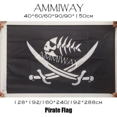 AMMIWAY Any Size Pirate Fish Swords Flags Polyester Brass Grommets Jolly Pirate Skeleton Fish Custom Flags and Banners