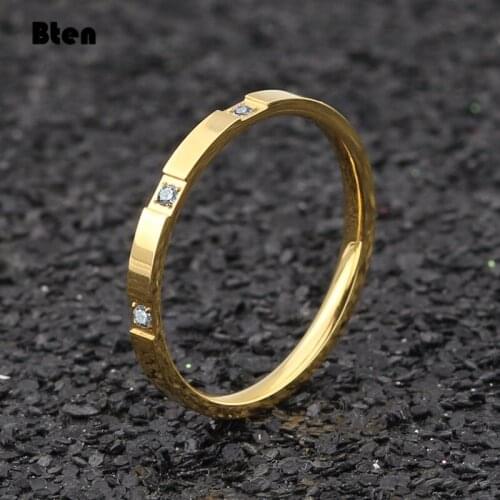 Bten Free Shipping Simple Style Ring 316L Stainless Steel 2mm Thin Rings, With Three Clear Dazzling CZ For Lady Present Jewelry