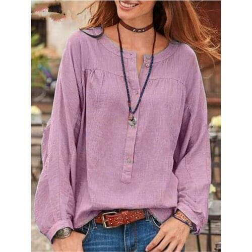 Womens Loose Blouses Casual Cotton Shirt Plus Size S-5XL Long Sleeve Round Neck Chest Button Tops Solid Blouse Female Spring