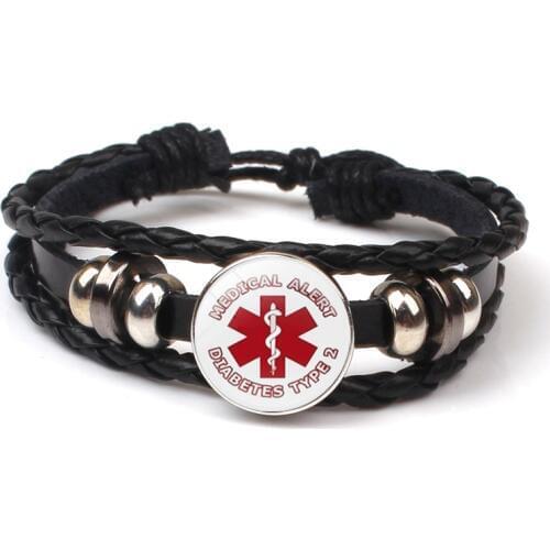 New Diabetes Emergency Medical Warning Bracelet Jewelry Black Leather Bracelet Doctor Patient Logo Men and Women Gift Accessorie
