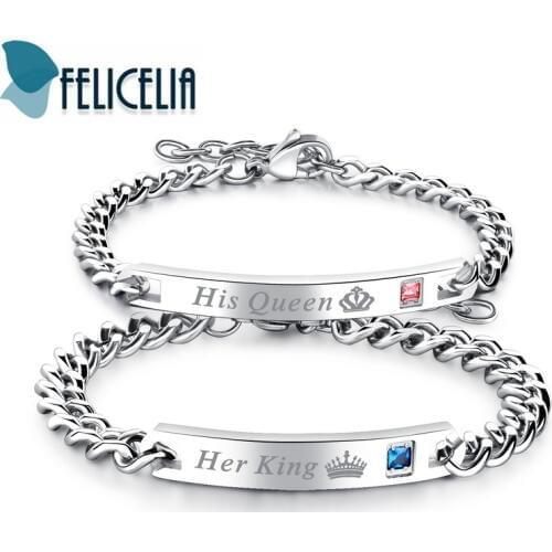 Felicelia His Queen & Her King Stainless Steel Couple Bracelet With Cubic Zirconia Men Women Promise Jewelry Link Chain Bracelet