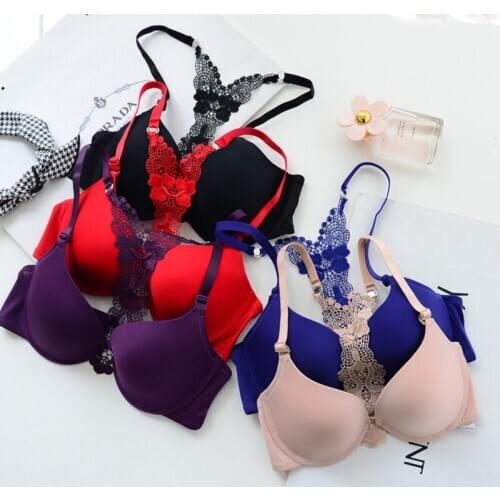 Embroidered Hollow Out Backless Bras Ladies Solid Color Underwear Sexy Deep V Push Up Bra Seamless Wire Free Bras For Women