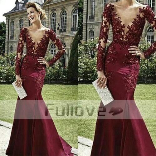 Elegant Burgundy Long Sleeve Evening Dress 2019 Lace Appliques Evening Dresses Floor-Length Vestidos De Fiesta Abendkleider