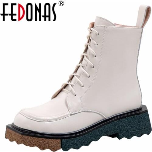 FEDONAS 2021 New Women Ankle Boots Mixed Colors Thick Heels Outdoor Casual Fashion Genuine Leather Autumn Winter Shoes Woman