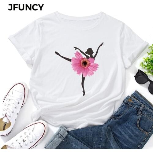 JFUNCY Plus Size Women Summer T-shirt Creative Dancing Girl Print Tees Short Sleeve Woman Tshirt 100% Cotton Female Tops