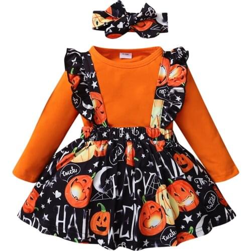 Cartoon Pumpkin Costume Set Baby Girl Clothes Romper+suspenders Skirts Outfits Set Kids Clothes Girls Halloween Suit Ropa Niña