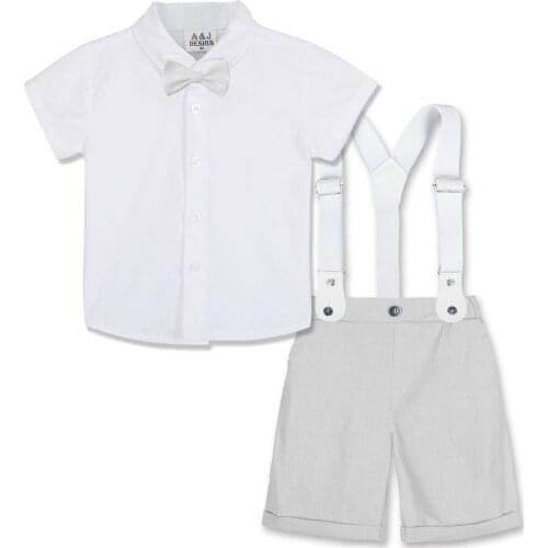 Baby Boys Baptism Christening Suit Infant Wedding Gentleman Outfits Toddler Summer Bow Tie Tops+Suspender Shorts Clothing 2PCS