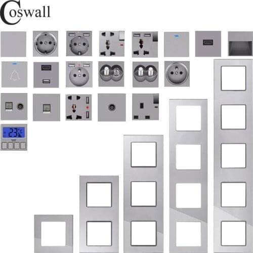 COSWALL C1 Series Grey Glass Vertical Panel Wall Switch EU French Socket HDMI-compatible USB Type-C Charger TV RJ45 Module DIY