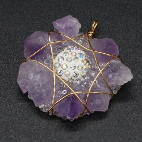 Fine Natural Gems Pendants Reiki Heal Gold Color Wire Wrap Amethysts for Charm Jewelry Making DIY Necklace Earrings
