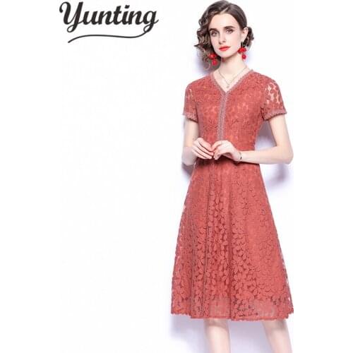Summer New Woman Lace Pleated Dress Ladies Slim Short Sleeve Lace Party Female Casual Dresses