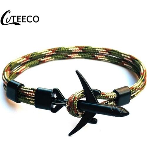 CUTEECO New Black Airplane Anchor Bracelets For Men Rope Chain Paracord Bracelet Aviation Style Male Wrap Charm Jewelry