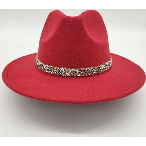 Autumn Winter Womens Felt Hat Fedoras Hats For Women Church Hats Lady Flat Brim Rhinestone belt jazz cap