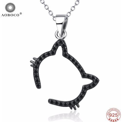 AOBOCO 925 Sterling Silver Necklaces Choker Lovely Cat Head Black Crystal Classic Pendant Women Necklace Luxury Jewelry GNX10113