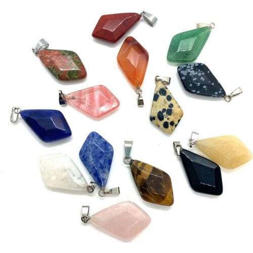 Natural Stone Necklace Pendant Diamond Shaped Speckled Stone Green Aventurine Flower Green Stone Blue Sand Stone Jewelry Making