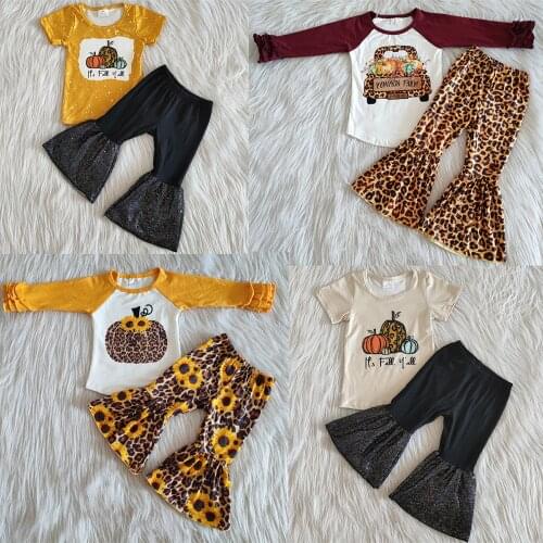 Hot Sale Kids Designer Clothes Girls Halloween Clothing Sets Boutique Kids Clothes Bell Bottom Pants Fashion Pumpkin Girls Sets