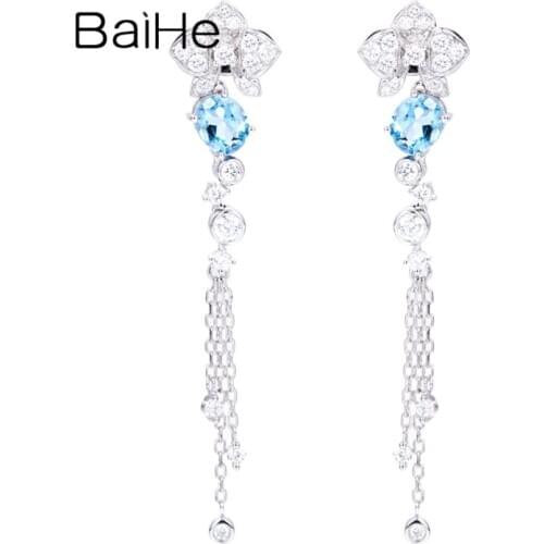 BAIHE Solid 18K White Gold 0.54ct Natural aquamarine 0.48ct Natural Diamonds Stud Earrings Ear line серьги сережки for Women