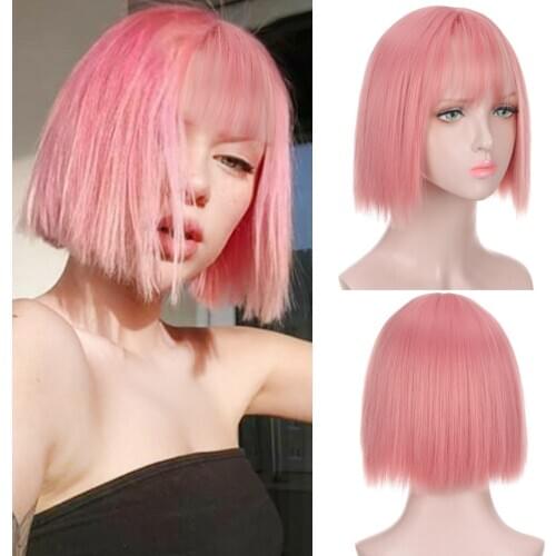 HUAYA Pink Short Bob Wig With Bangs for Women Heat Resistant Synthetic Wigs Cosplay Party Lolita Bob Hairstyles Silver Green