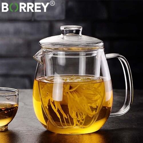 BORREY 600Ml Glass Flower Teapot Heat-resistant Glass Teapot With Filter Puer Kettle Tea Infuser Pot Office Cup Kung Fu Tea Set