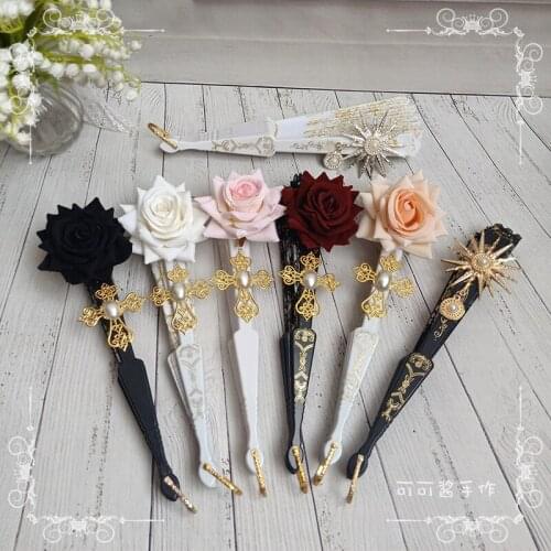 Victorian Vintage Gothic Lolita Folding Fan Handheld Lace Fan Women Gorgeous Rose Tea Party Cosplay Costume Photo Props