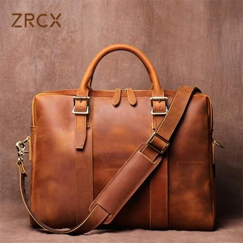 ZRCX Vintage Man Handbag Briefcase Men Shoulder Crazy Horse Genuine Leather Bags Brown Business Fashion 14 Inch Laptop Bag
