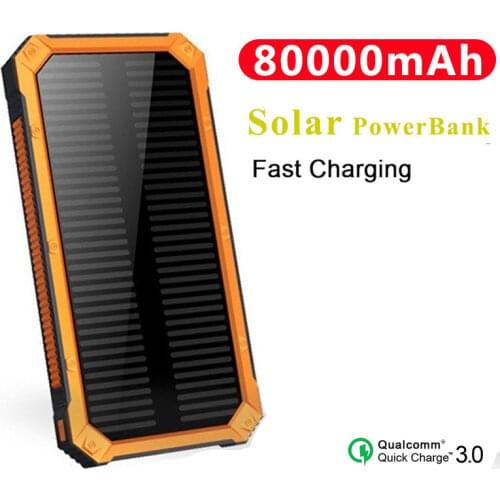 80000mAh Waterproof Solar Power Bank Waterproof USB Port External Charger Suitable for Smart Phone Power Bank with LED Light