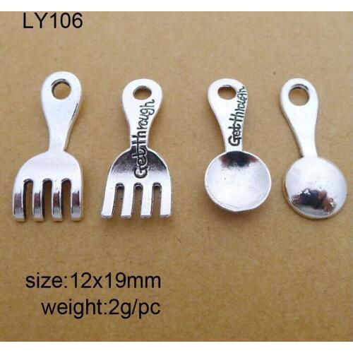 High Quality 25 Pieces/Lot 12x19mm Antique Silver Plated Spoon Fork Alloy Base Charm For DIY Jewelry Making