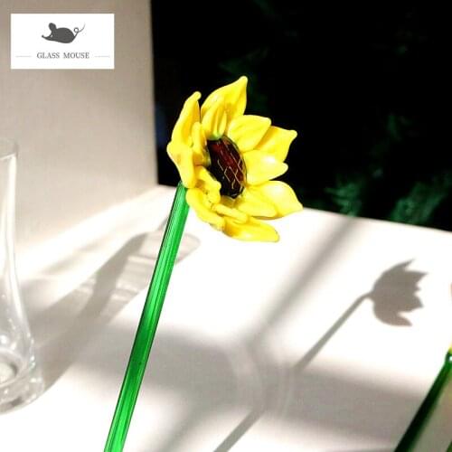 Handmade Colorful Murano Glass Flower Craft Figurine Wedding Valentines Day Favors Gifts Table Decor Ornaments Long Handle 15cm