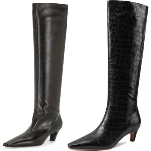 New Big Size Womens Shoes 2021 Autumn Winter Chelsea boots Tip Crocodile pattern Knee High Knight Long Boots Black White Brown