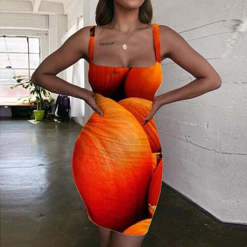 KYKU Pumpkin Dresses Women Halloween Halter Sleeveless Yellow Bodycon Dress Harajuku Sundress Womens Clothing Plus Size New