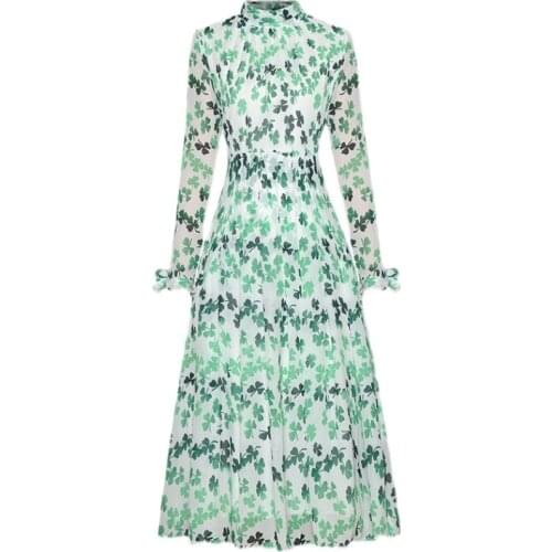 Hot Sale Green Flower Print Women Dress Long Sleeve A-Line Dresses D4532