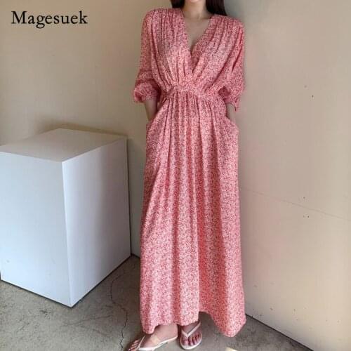 Plus Size Female Casual Dress Spring Autumn 2021 Loose Floral Print Dress for Women High Waist Cross Pocket Dress Vestidos 15866