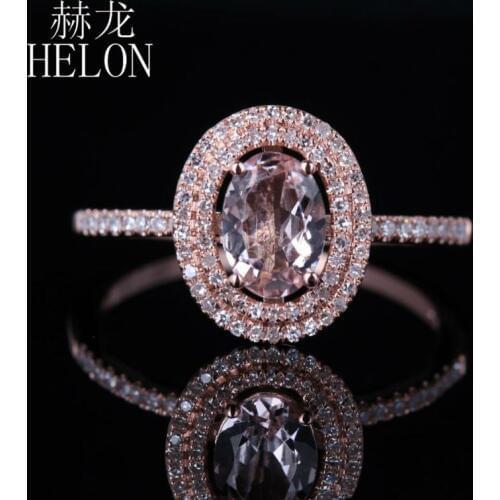 HELON Womens Jewelry 7x5mm Oval 0.62ct Morganite 0.25ct Diamond Two Halo Engagement Wedding Ring Setting Solid 14K Rose Gold