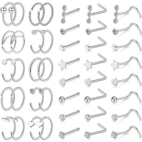 AOEDEJ 316L Stainless Steel Nose Rings 44 PCS/lot 20G Crystal Nose Studs for Women Body Jewelry Nose Pin Piercing Accessories