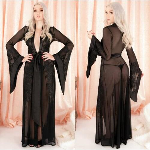 Black Women Lingerie Lace Appliqued Sleepwear Long Robe Long Sleeve Bathrobe Tulle Nightwear Babydoll Robe Gowns