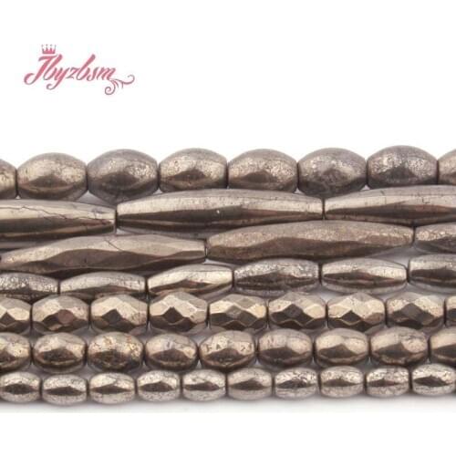 Smooth Faceted Olivary Silvers Gray Pyrite Spacer Beads Natural Stone for DIY Women Necklace Bracelet Rings Jewelry Making 15"