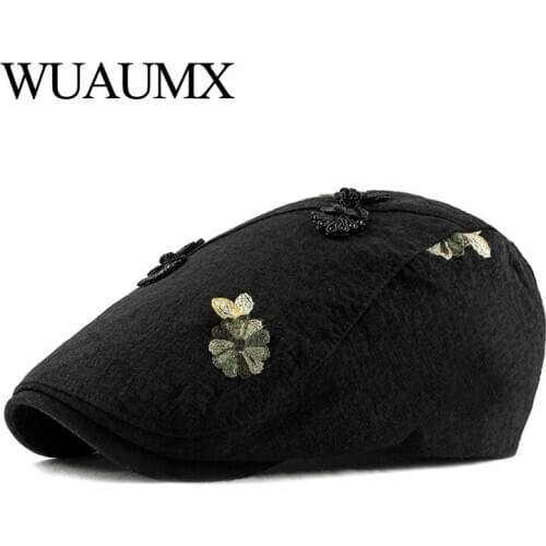 Wuaumx Ethnic Style Berets Hat Spring Peaked Ivy Cap Female Flowers Duckbill Hat Women Leisure Herringbone Forward cap Wholesale