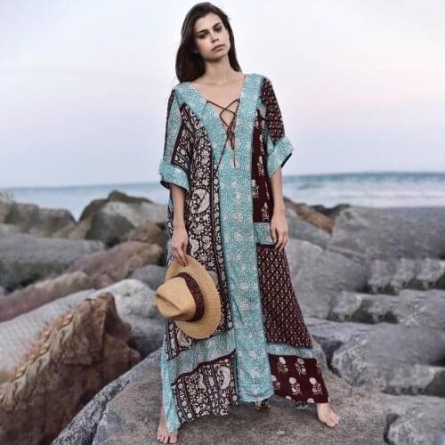 Jastie Lace Up Deep Neck Print Women Robe Loose Casual Beach Swim Bikini Cover Up Long Tops Boho Oversize Summer Maxi Dress
