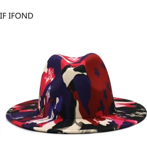 British Classic 2021 Multicolor Tie-dye Wide Brim Top Hat Wool Felt Fedora Hat Gentleman Elegant Lady Panama Church Hat