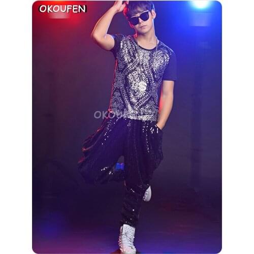 2018 New fashion Trend T-shirt Mam Soloe Printing Shirt Black silver Sequin Stage Costumes Nightclub DJ Male singer show wear